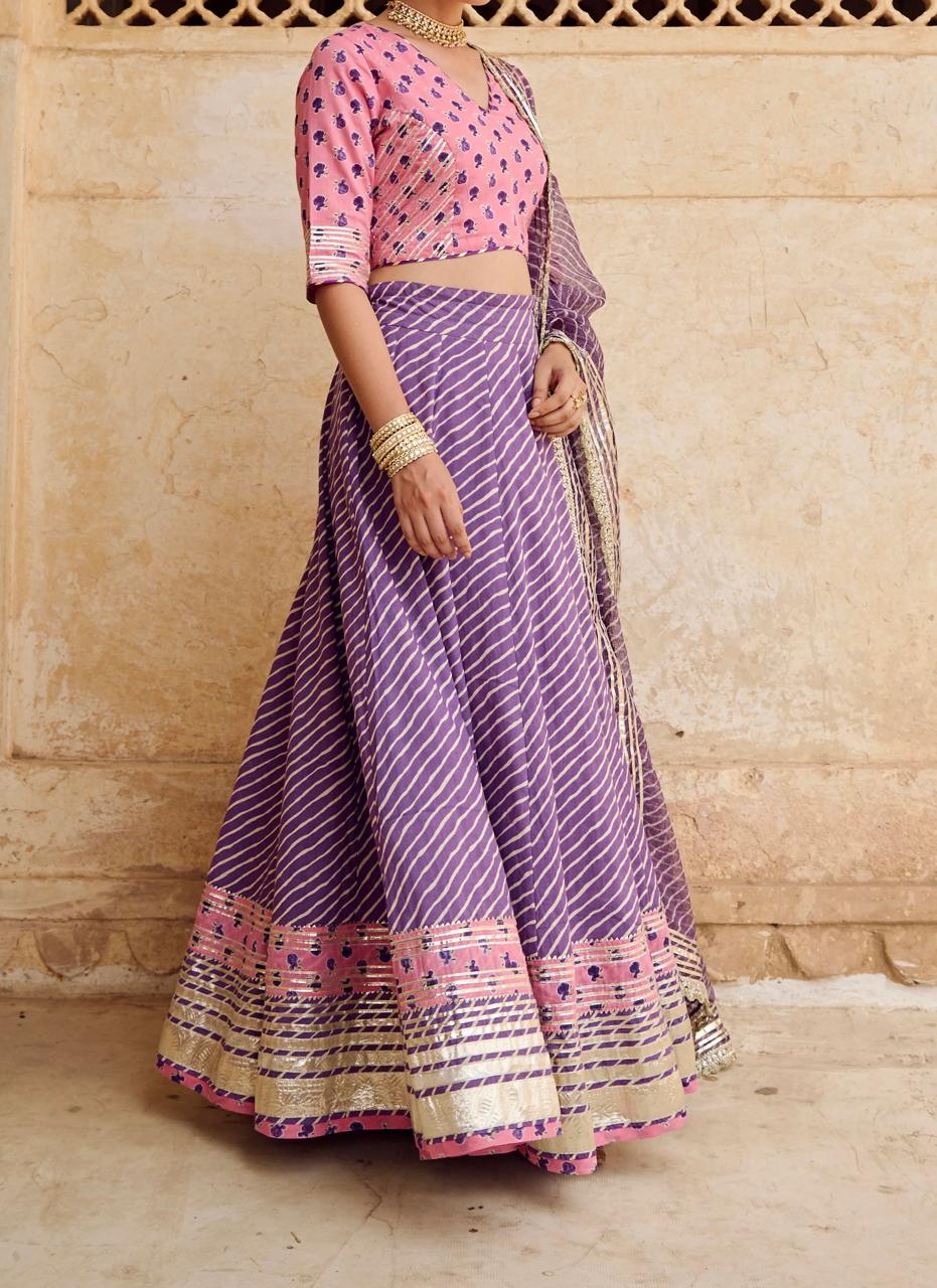 Pink Purple Cotton Lehenga Set with Dupatta