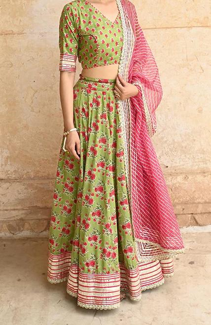 Pastel and light color festive- Green Mulmul Lehenga Set