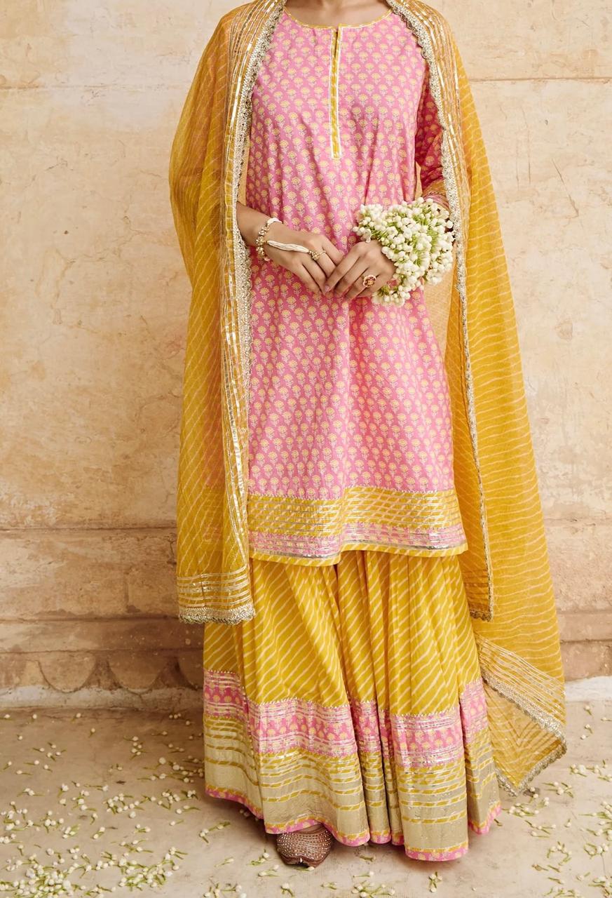 Pastel Pink and yellow cotton Kurta Sharara Set with Dupatta