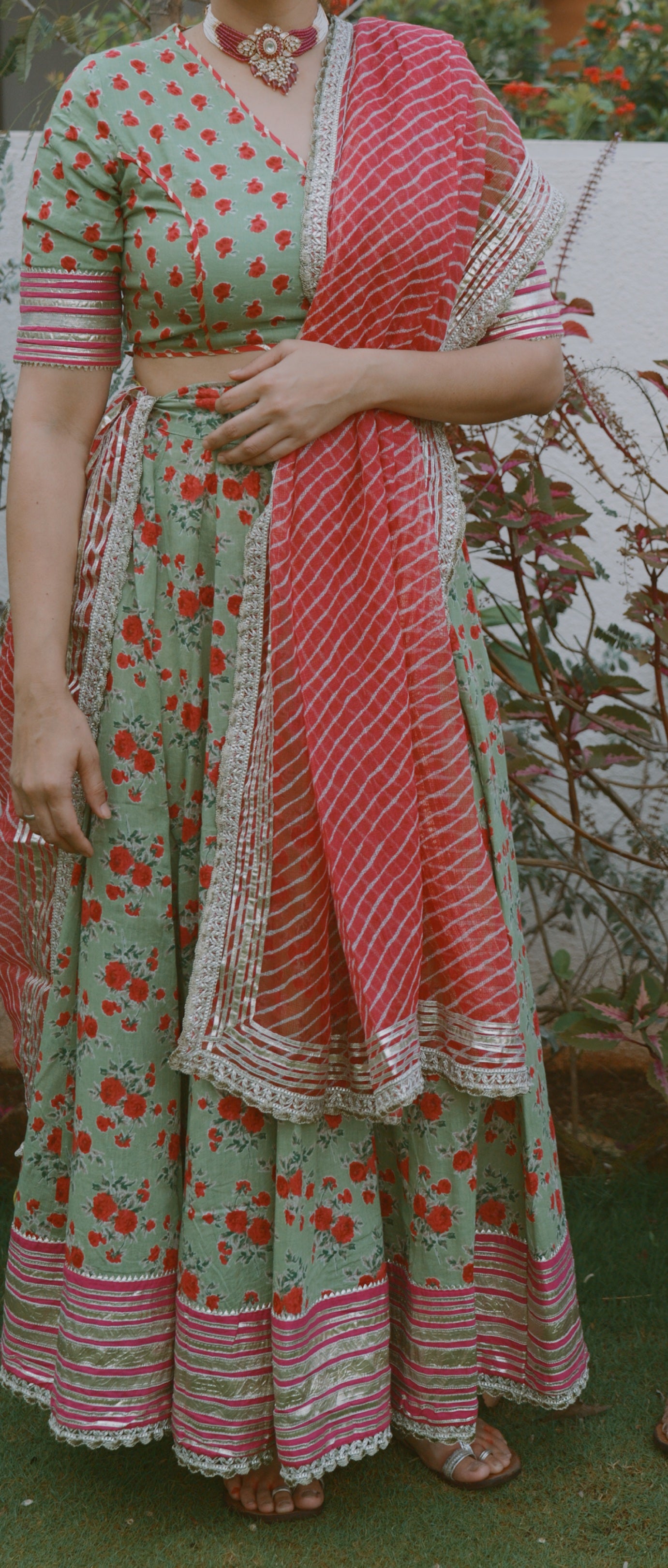 Pastel and light color festive- Green Mulmul Lehenga Set