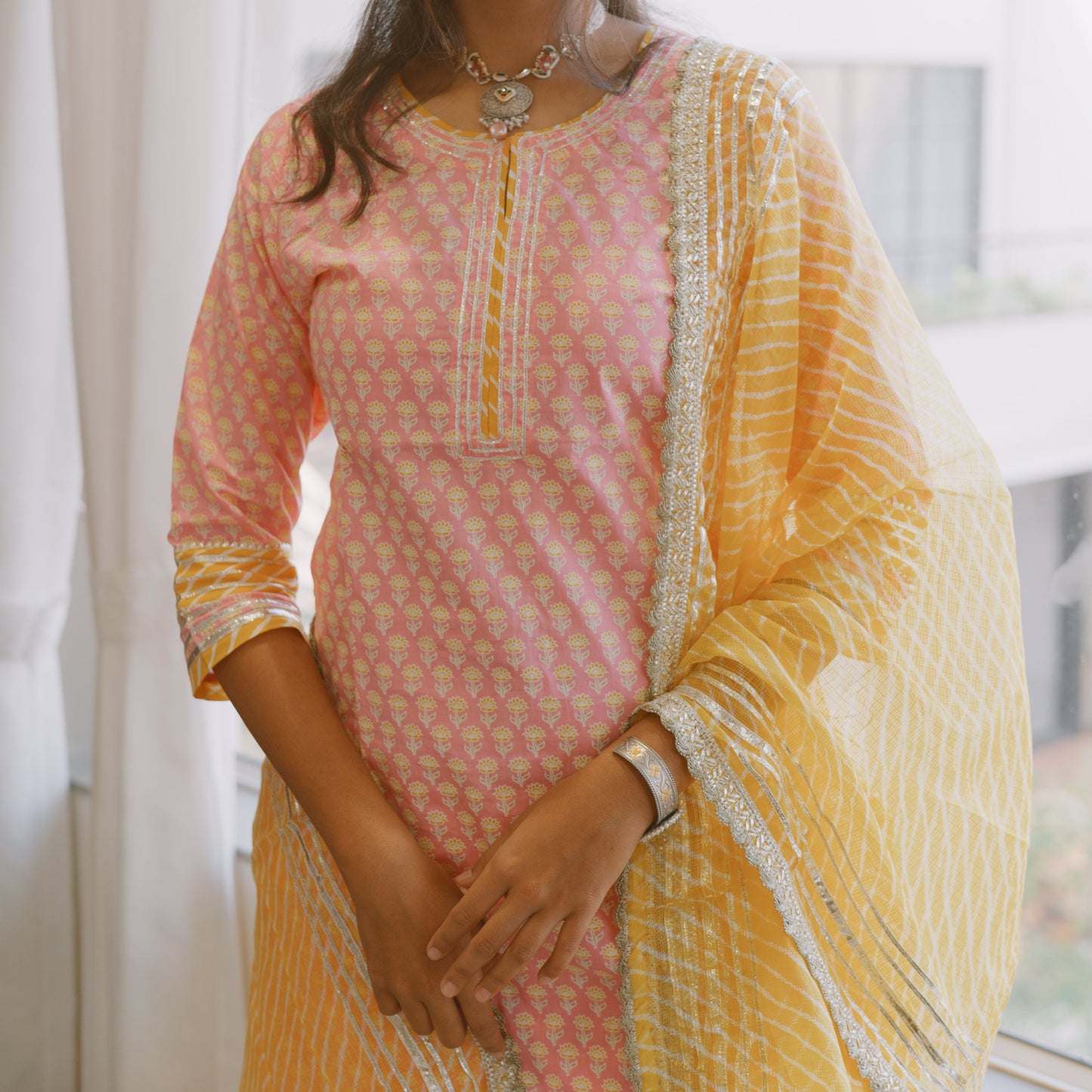 Pastel Pink and yellow cotton Kurta Sharara Set with Dupatta