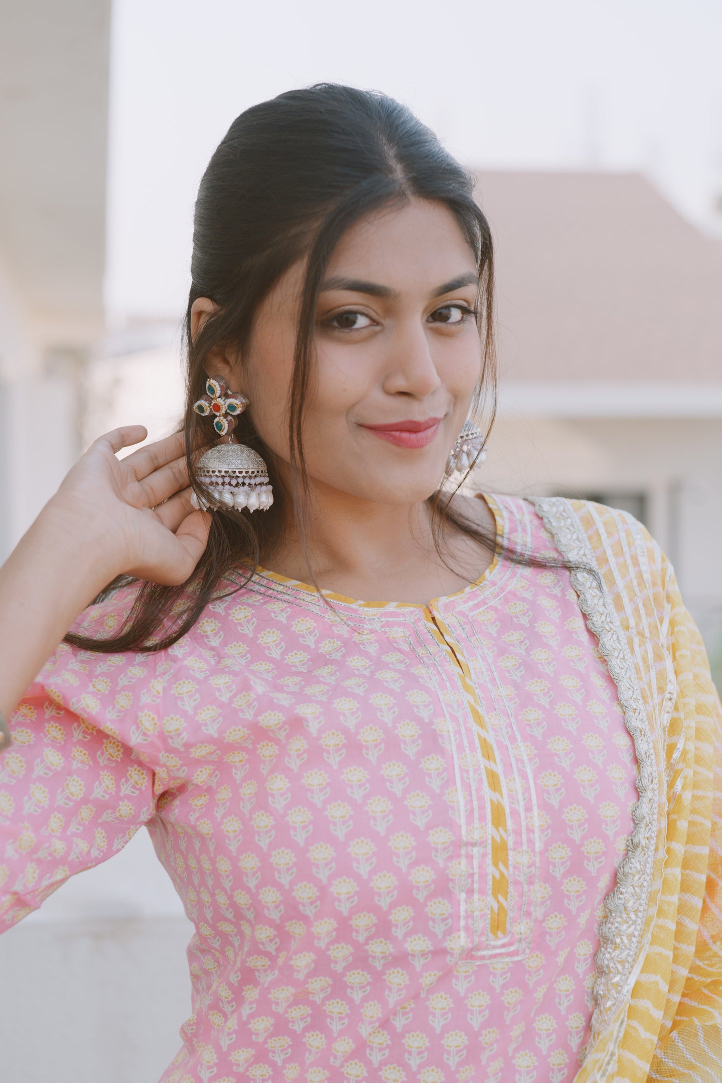 Sterling Silver jhumkas with baby pink beads