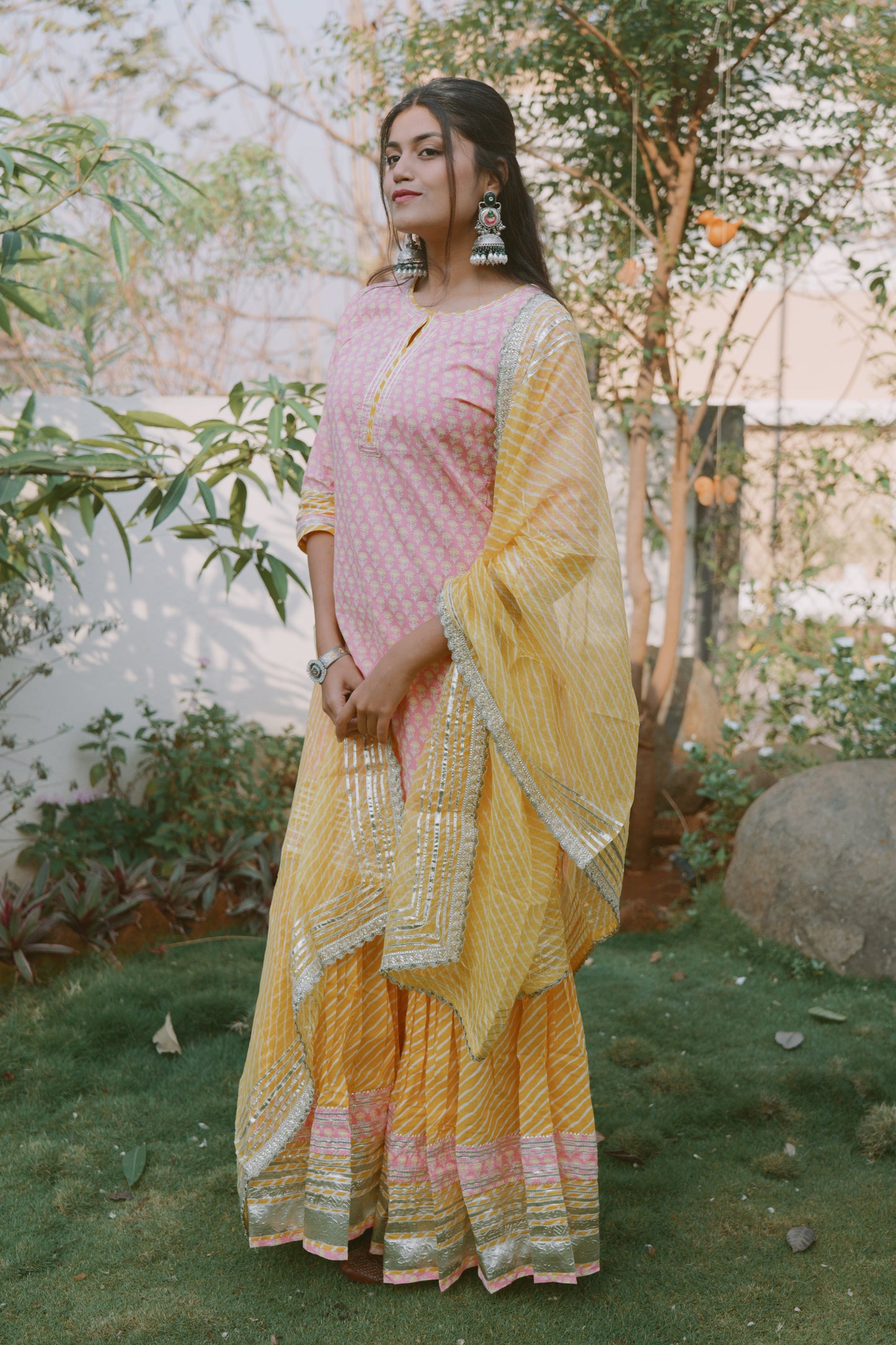 Pastel Pink and yellow cotton Kurta Sharara Set with Dupatta