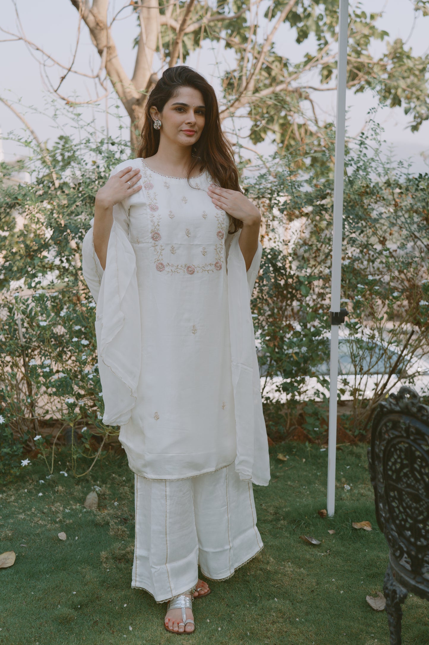 Ivory silk kurta with embroidered yoke, pants and scalloped dupatta