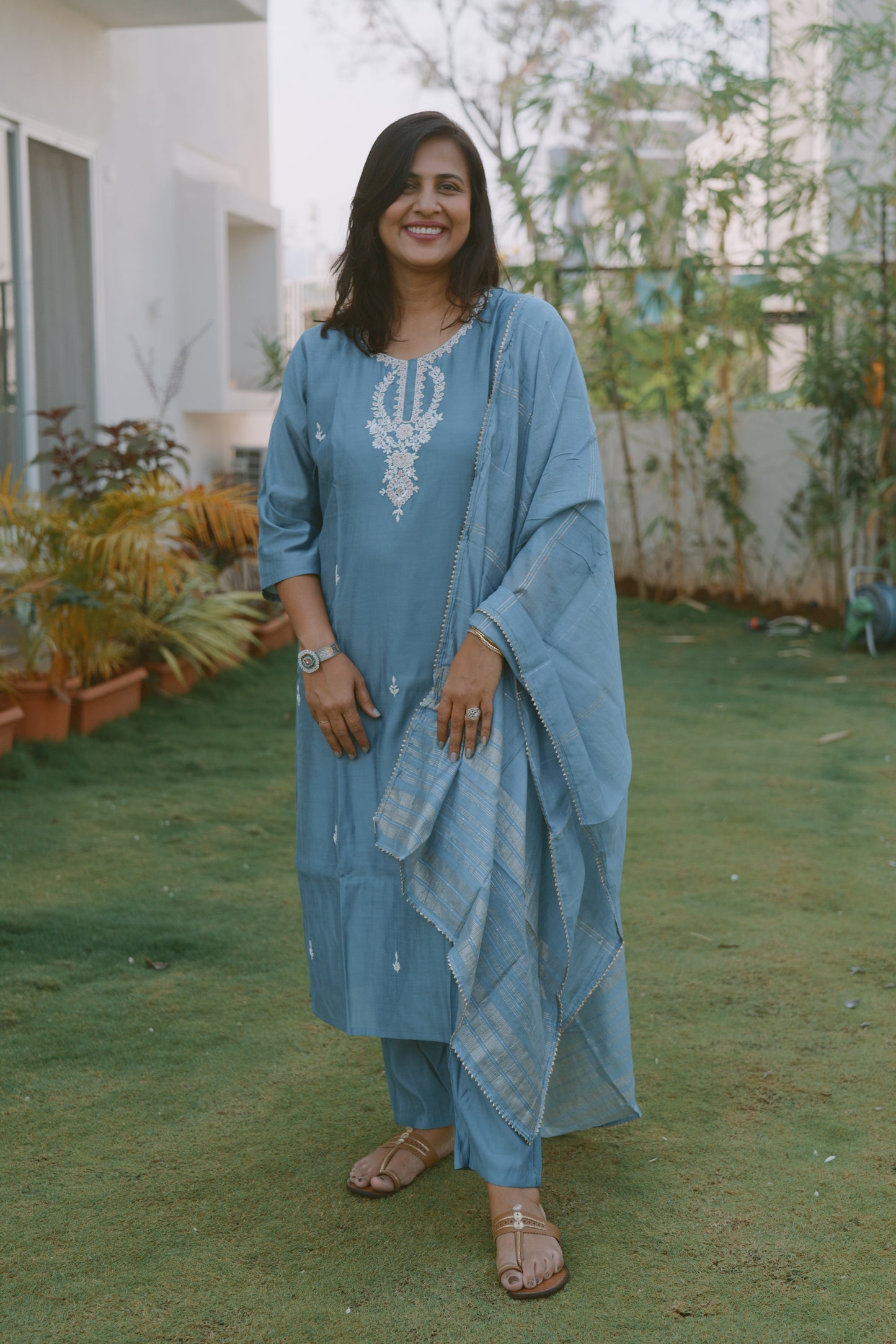 Steel Blue Dola Silk Kurta set with dupatta