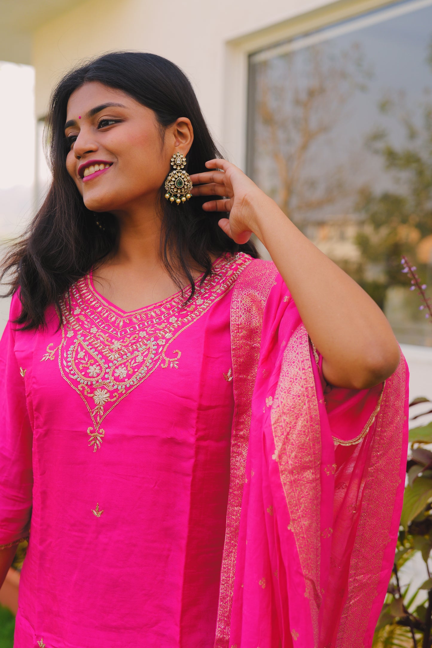 Royal Pink Dola Silk Set with paisley detailing