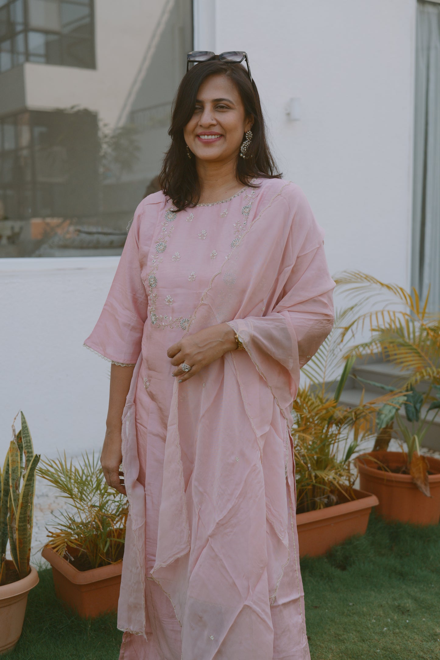 English Rose Pink Dola Silk Kurta set with Dupatta