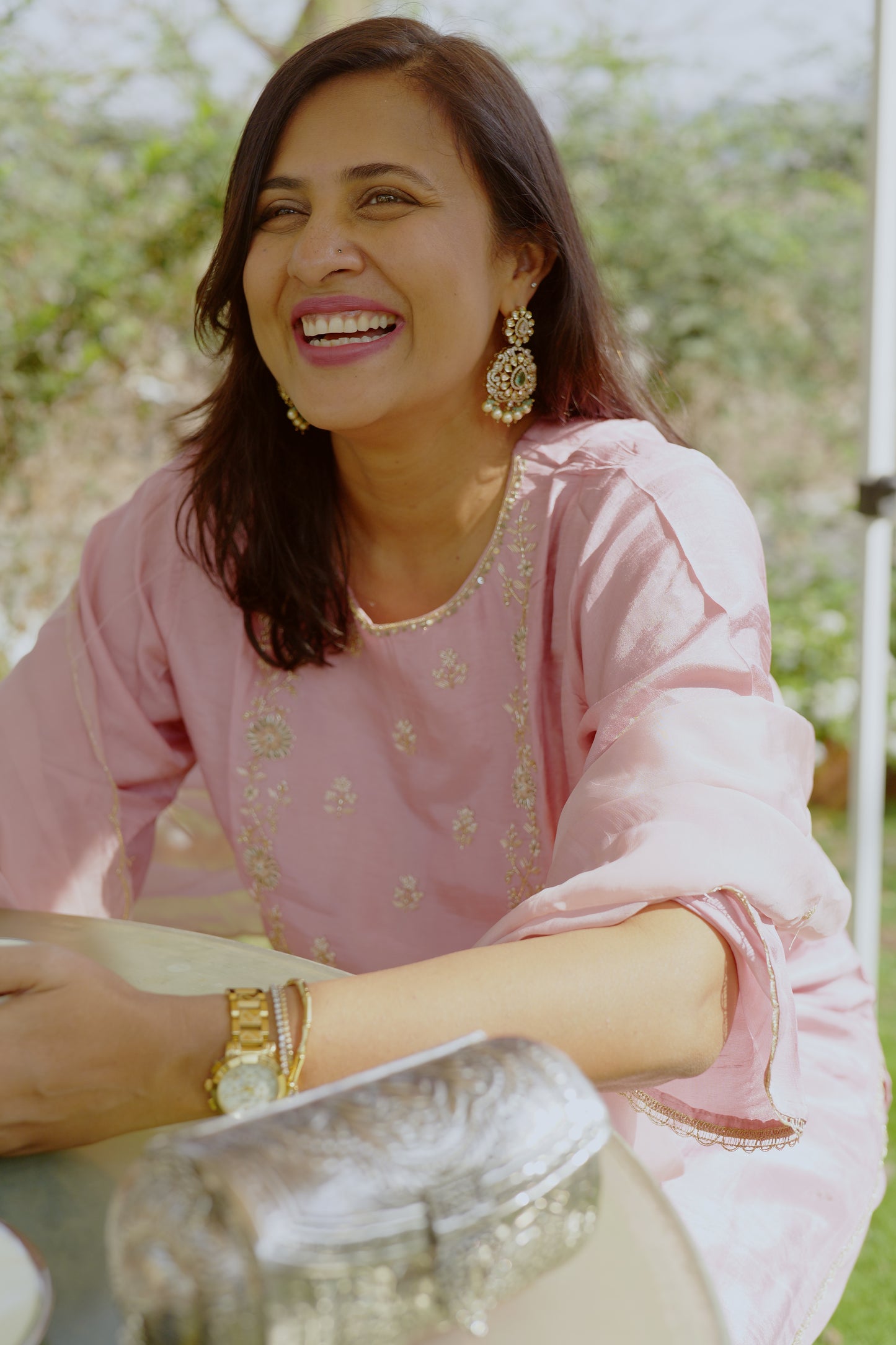 English Rose Pink Dola Silk Kurta set with Dupatta