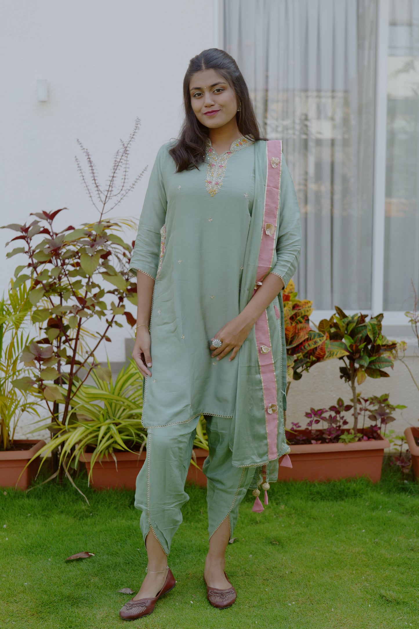 Sage green silk kurta with dhoti pants and gota dupatta