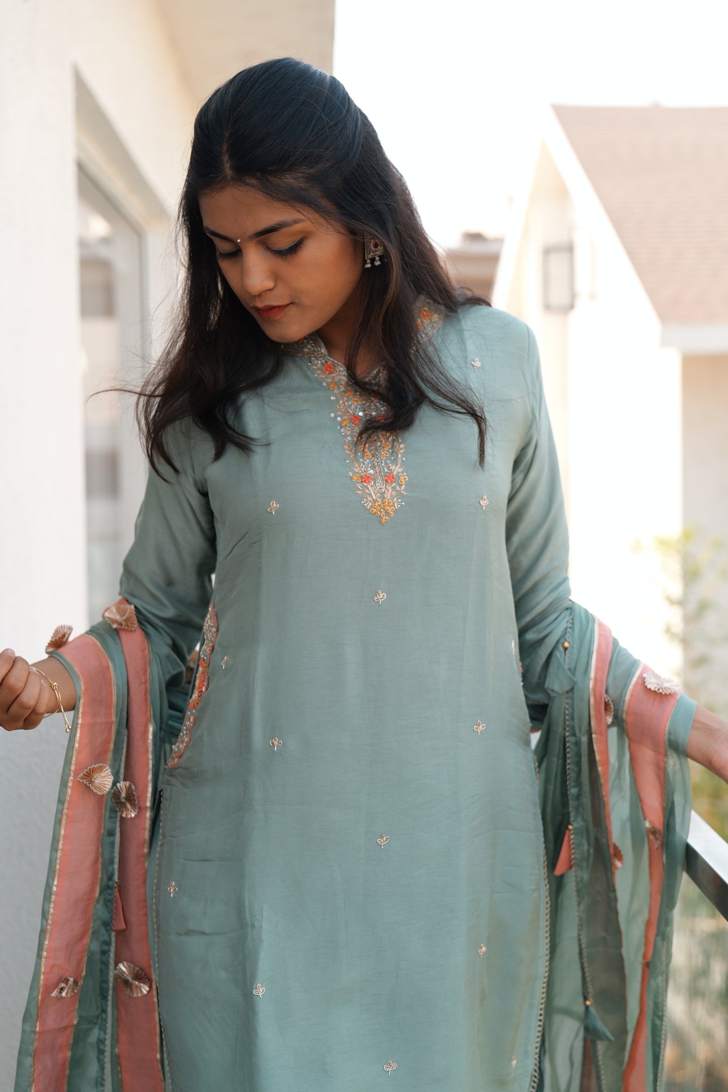 Sage green silk kurta with dhoti pants and gota dupatta