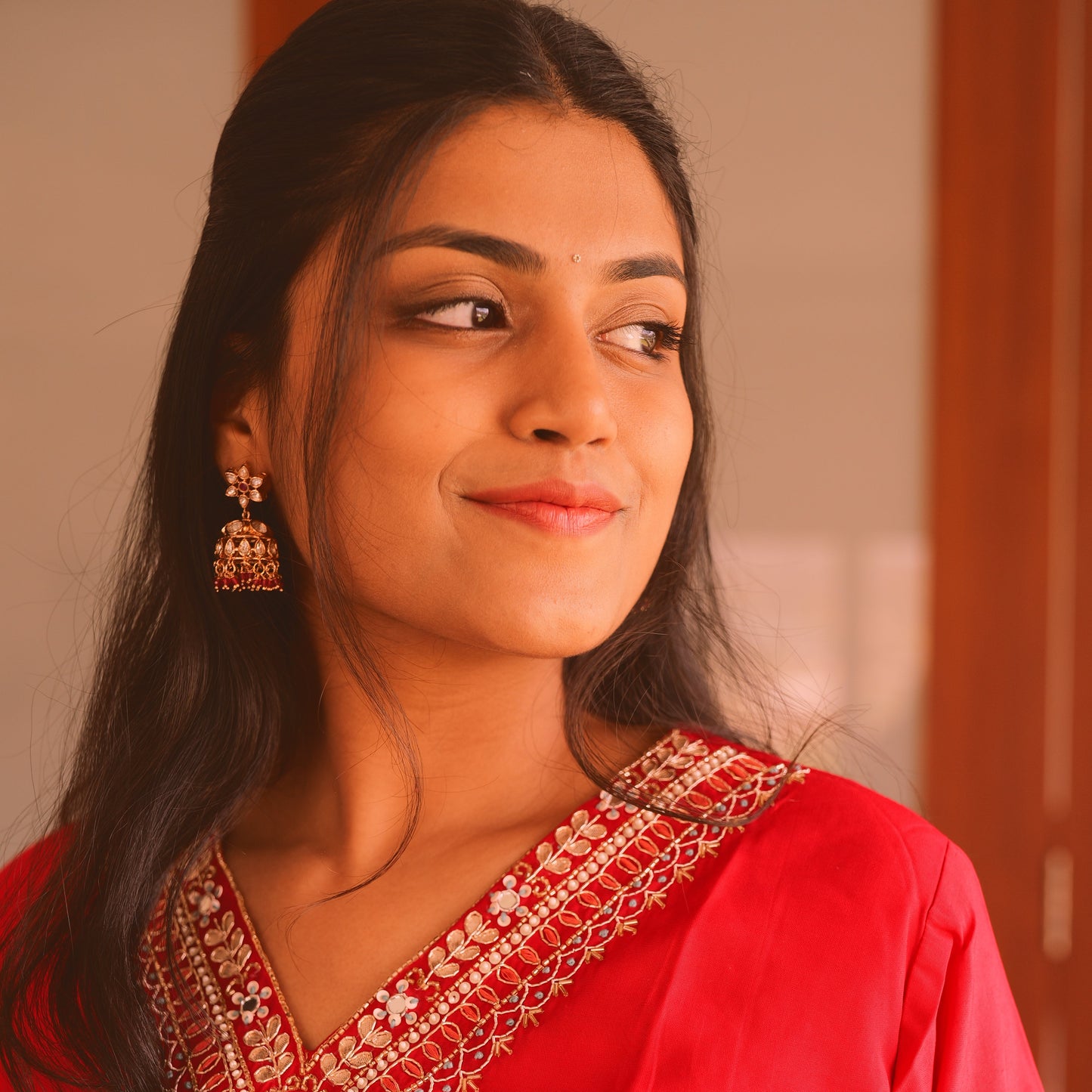 South style light ruby jhumkas