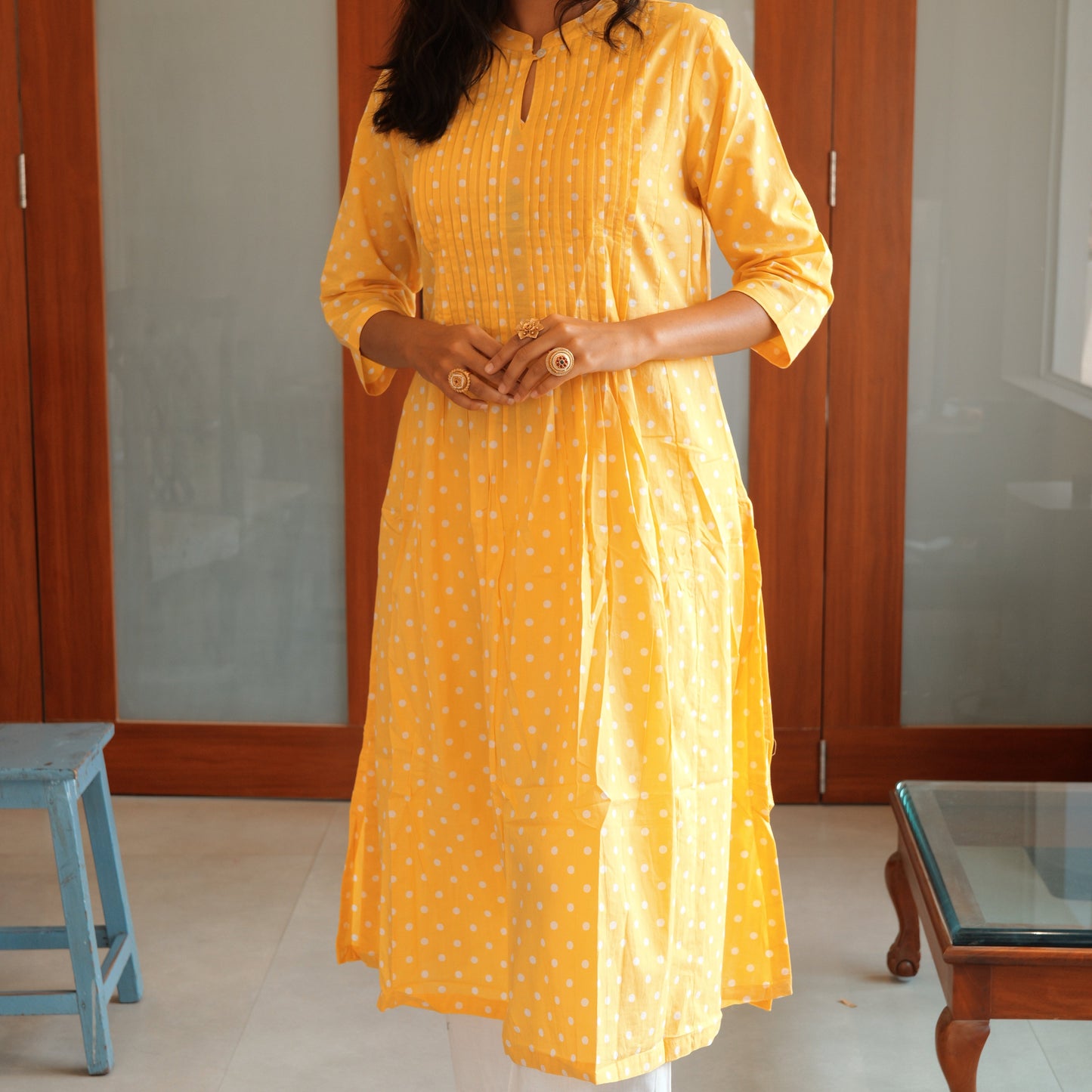 Yellow Polka Dot Pleated A-Line Kurta pant set