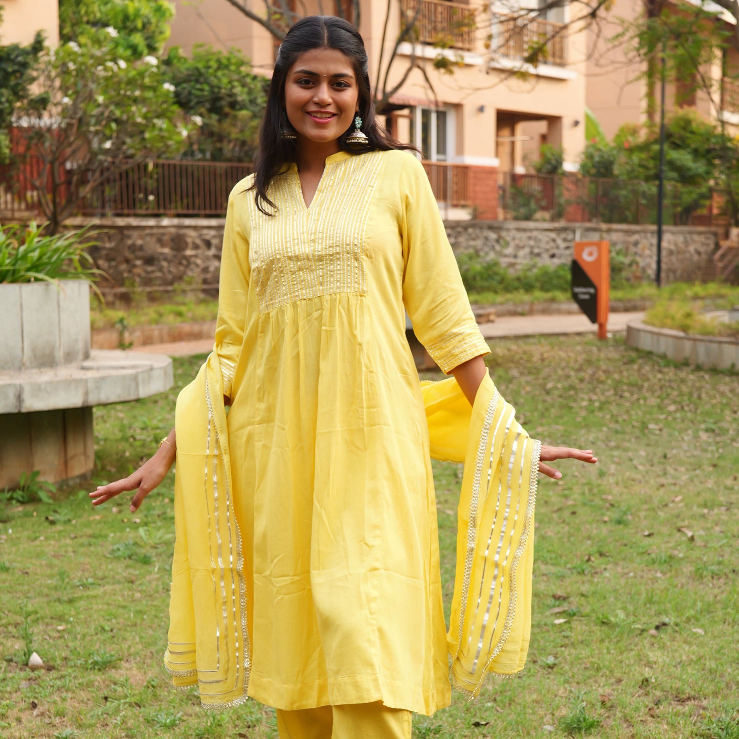 Pastel yellow kurta set embellished with gota patti ( no duppatta)