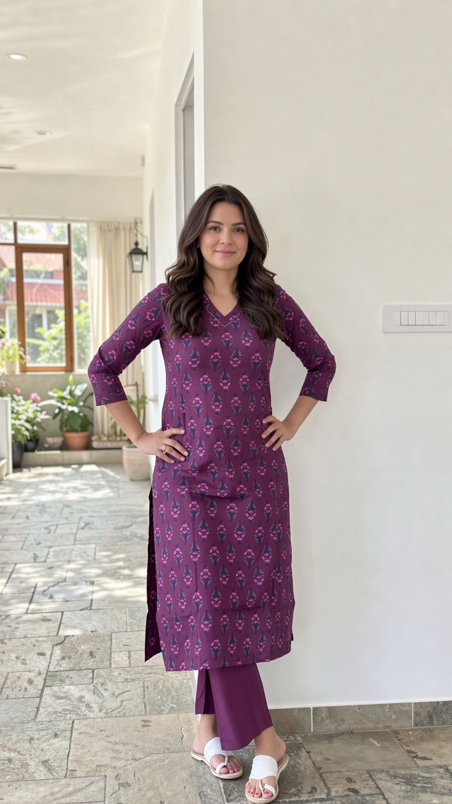 Purple floral cotton kurta set with pearl neck detail
