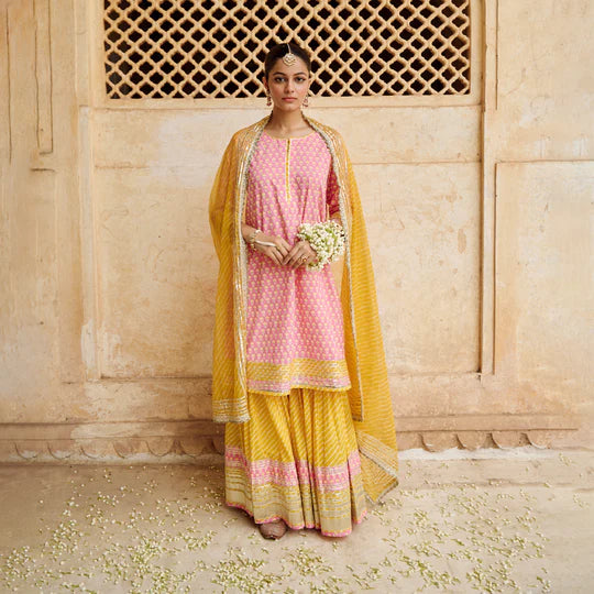 Pastel Pink and yellow cotton Kurta Sharara Set with Dupatta