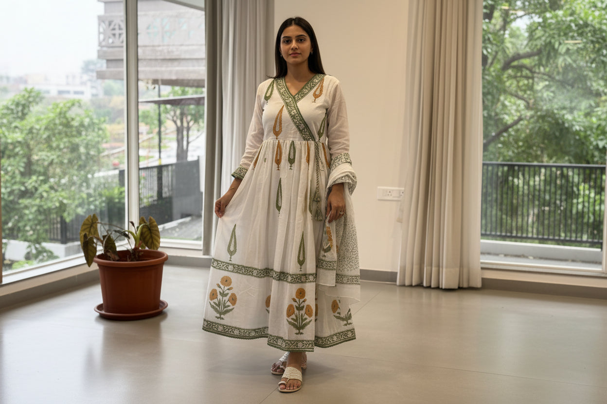 Blockprint cotton Angarakha Kurta Set
