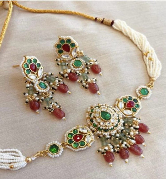 Kanika : Regal Pachi Kundan choker (green and watermelon red)