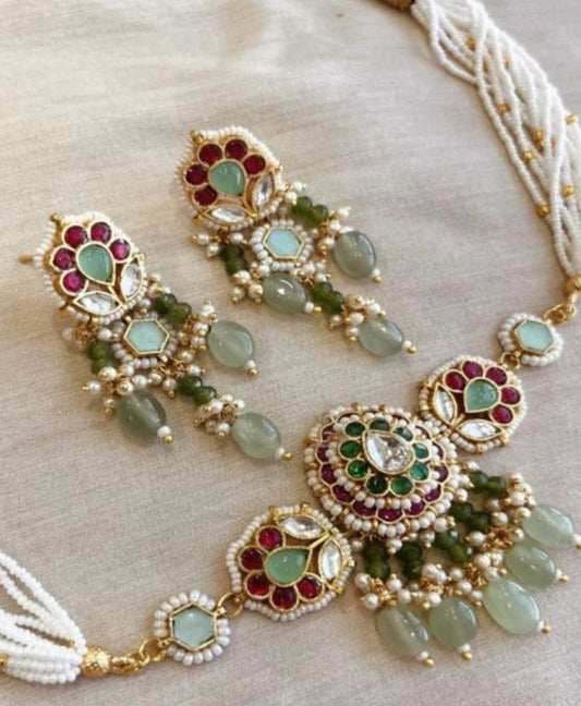 Kanika :Pachi Kundan choker in shades of green, red and mint
