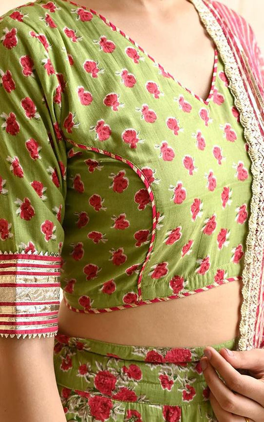 Pastel and light color festive- Green Mulmul Lehenga Set