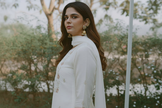 Ivory silk kurta with embroidered yoke, pants and scalloped dupatta