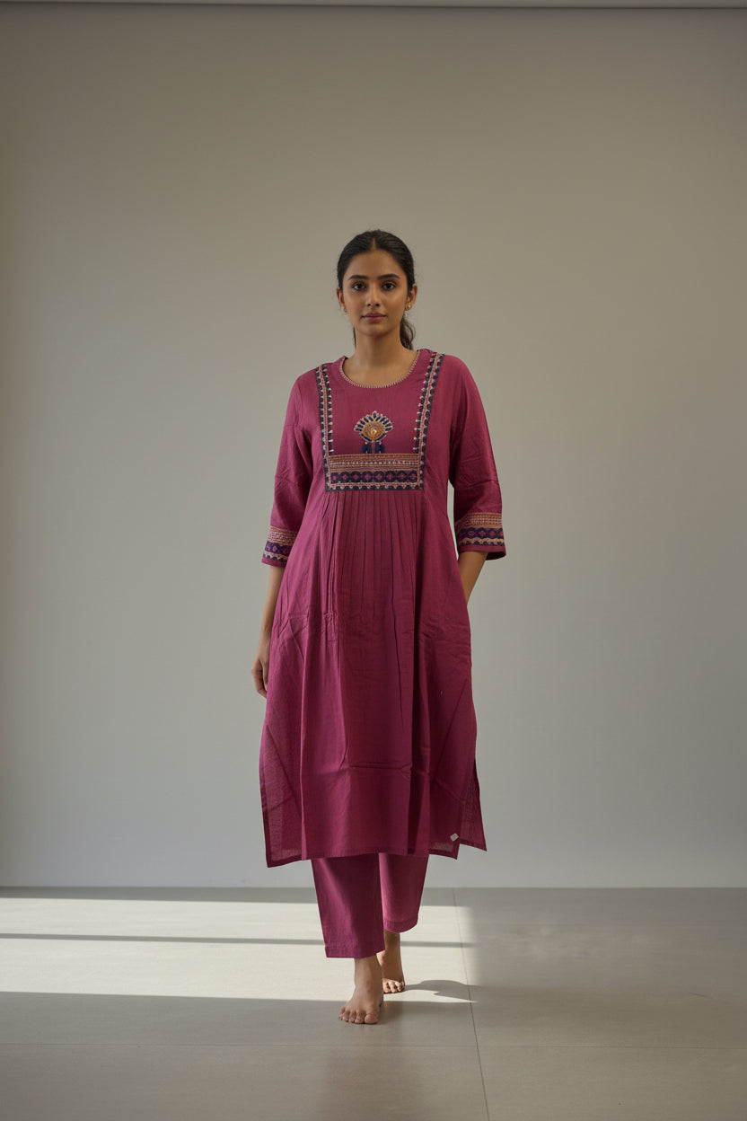 Mauve flower embroidered kurta pant set