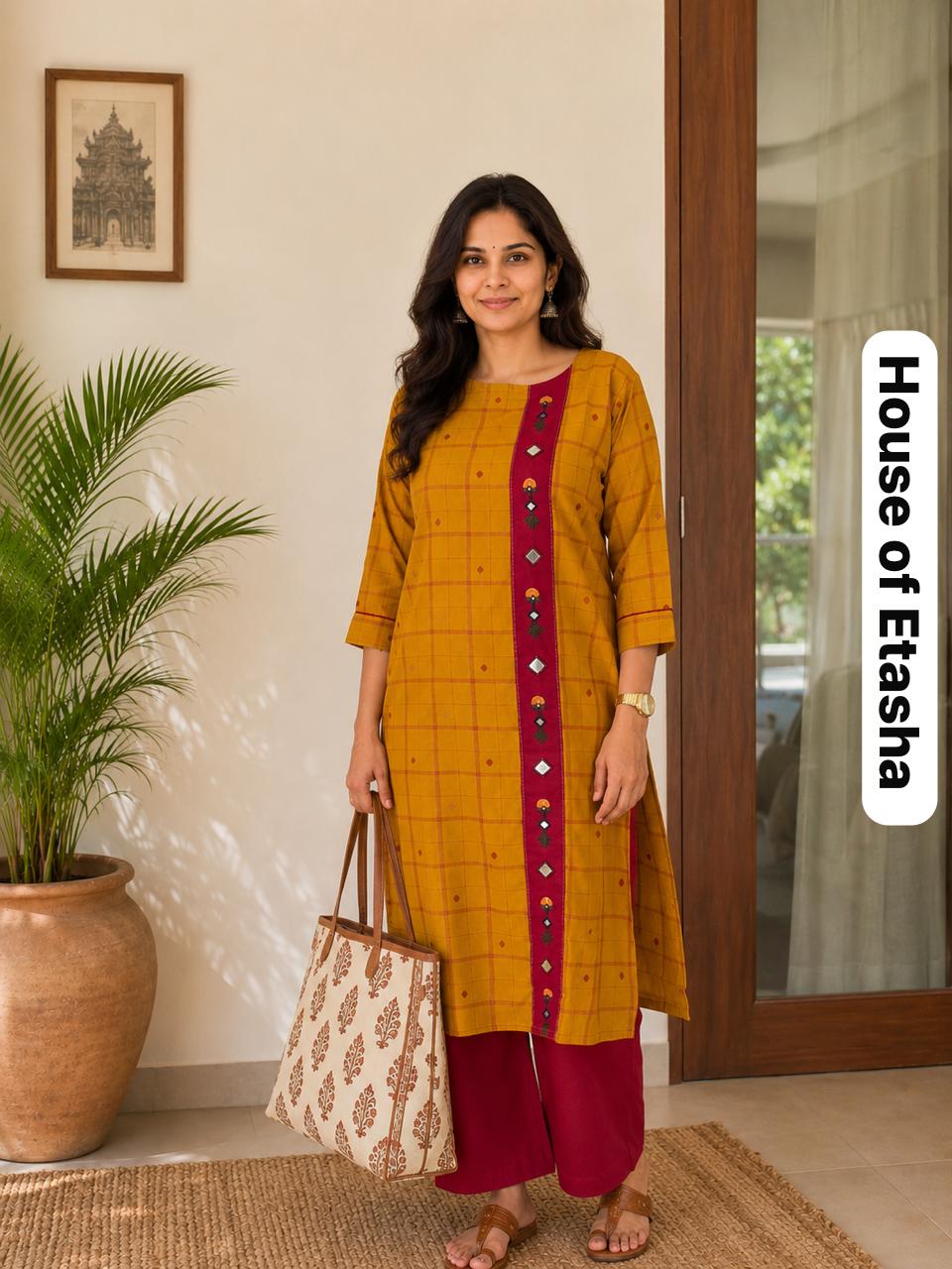 Woman in mustard yellow and red traditional outfit holding a bag.