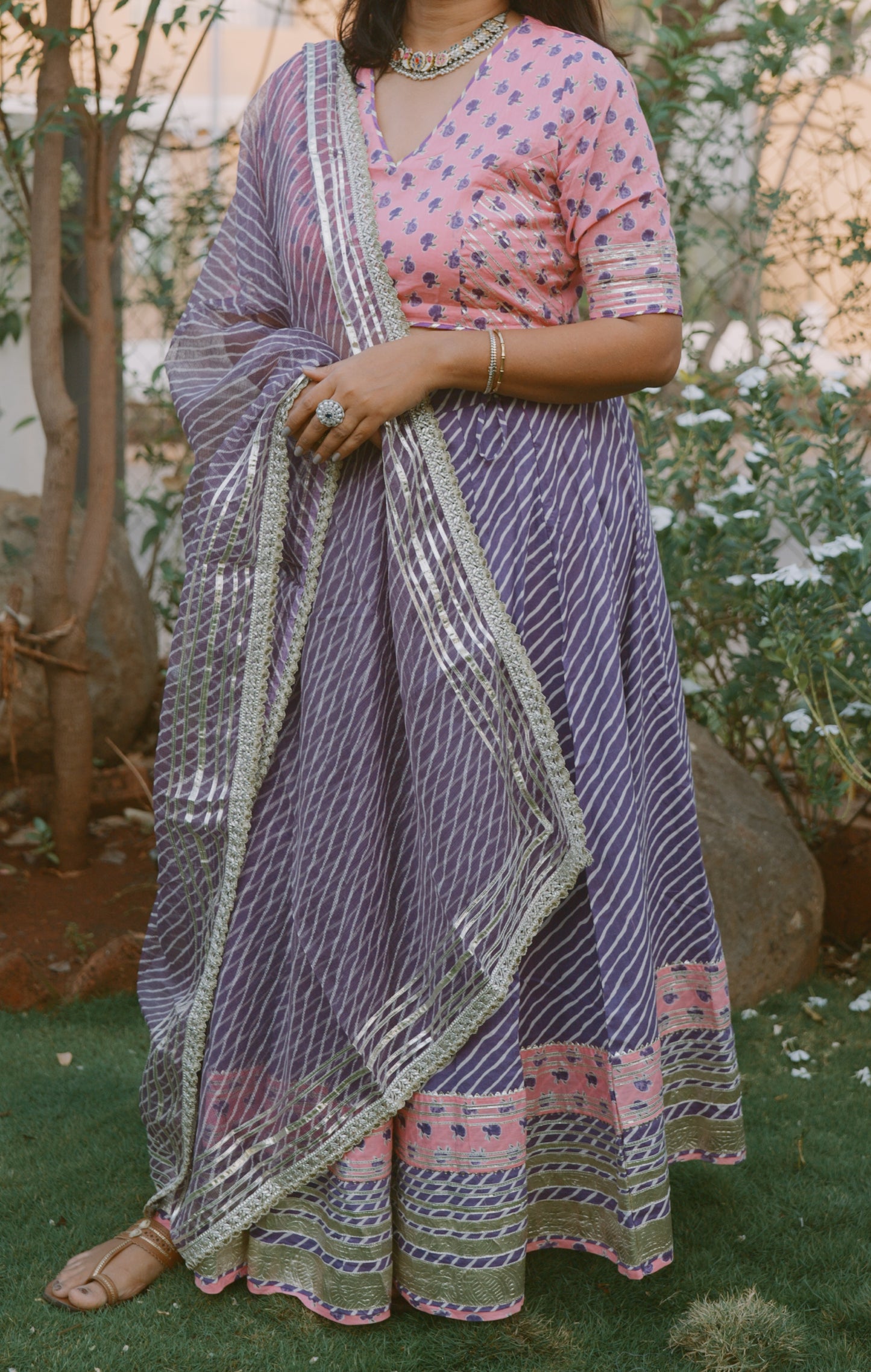 Pink Purple Cotton Lehenga Set with Dupatta