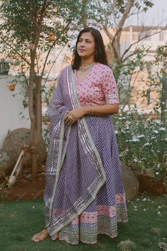 Pink Purple Cotton Lehenga Set with Dupatta