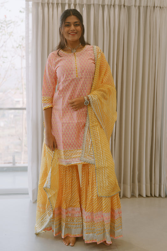 Pastel Pink and yellow cotton  Kurta Sharara Set with Dupatta