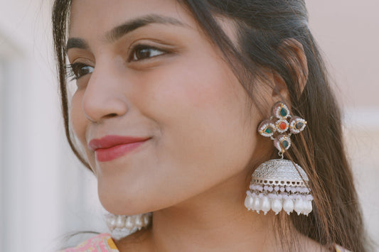 Sterling Silver jhumkas with baby pink beads