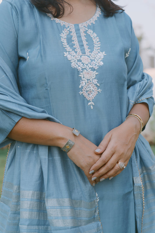 Steel Blue Dola Silk Kurta set with dupatta