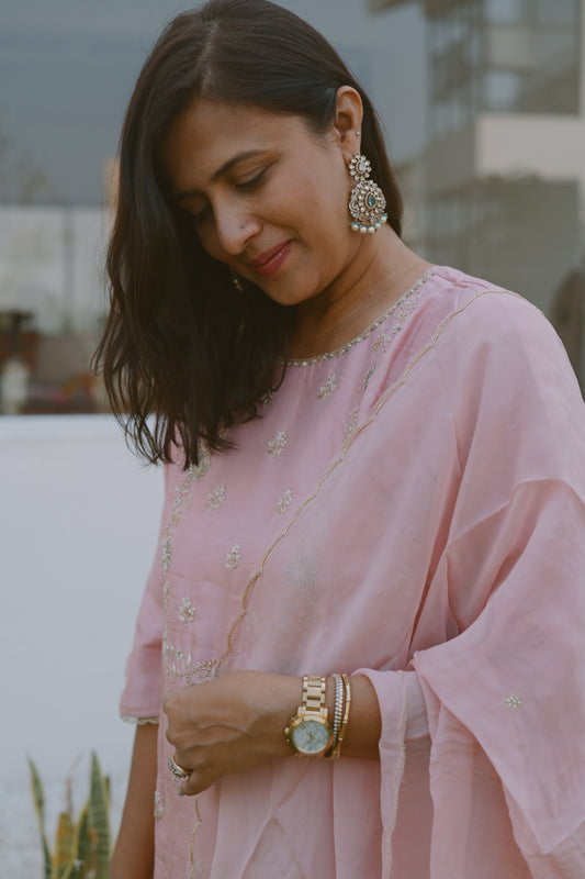 English Rose Pink Dola Silk Kurta set with Dupatta