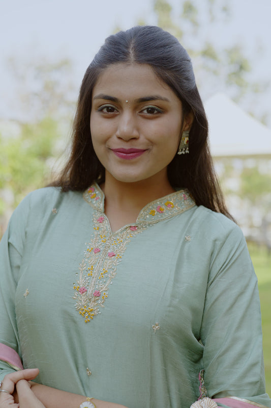Sage green silk kurta with dhoti pants and gota dupatta