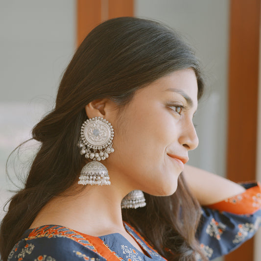 White metal finish light jhumkas with ghungroo