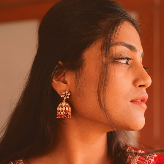 South style light ruby jhumkas