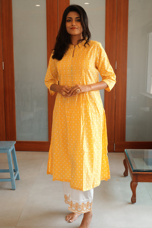 Yellow Polka Dot Pleated A-Line Kurta pant set