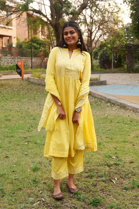 Pastel yellow kurta set embellished with gota patti ( no duppatta)