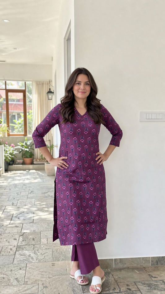 Purple floral cotton kurta set with pearl neck detail