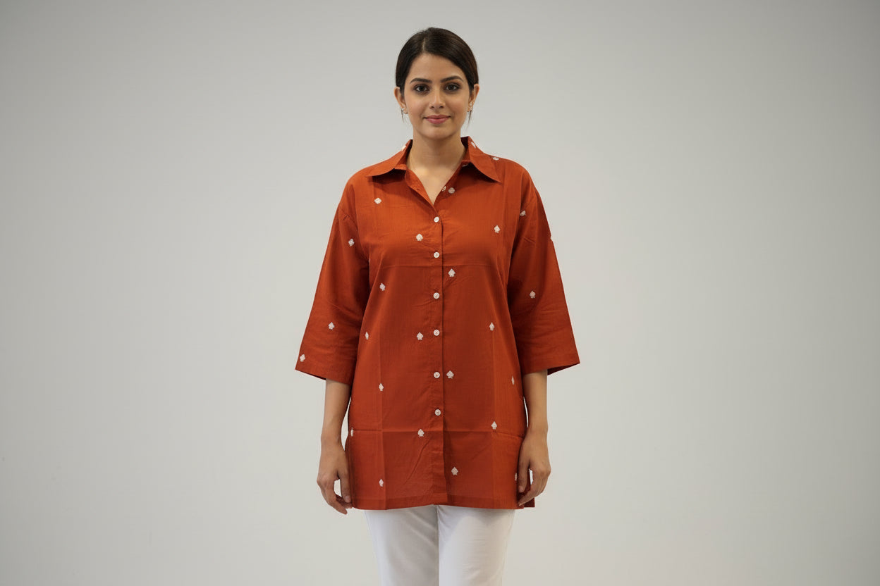 Rust orange embroidered shirt