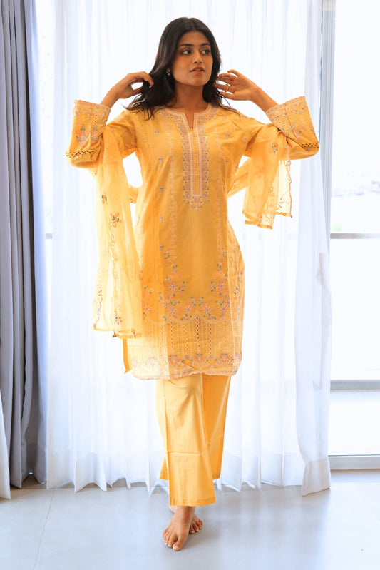 Yellow Cotton Kurta Set with stole