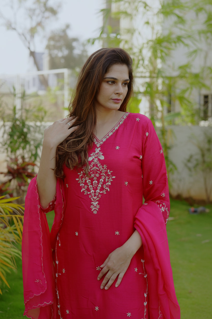 Rani pink sequence hand embroidered Set
